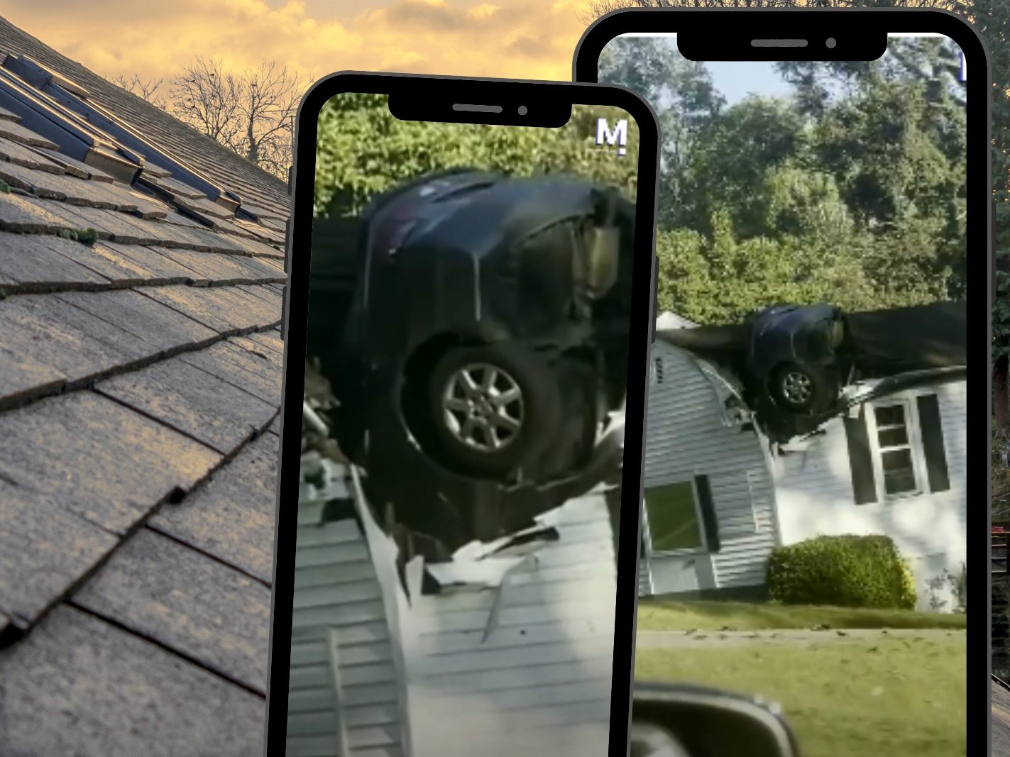 Spektakulärer Unfall in den USA - Auto kracht in Hausdach.