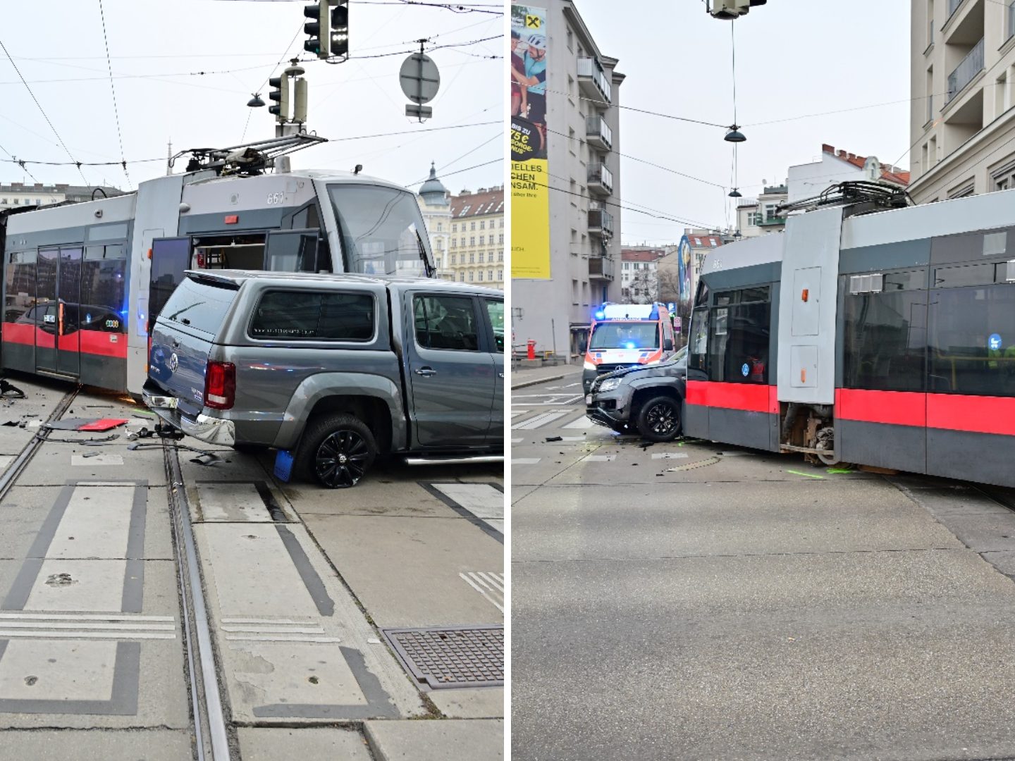 Durch den Aufprall wurden alle beteiligten Fahrzeuge stark beschädigt, die Straßenbahn entgleiste.