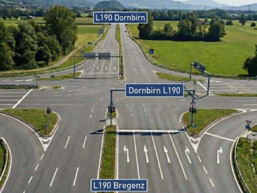 So könnte die neue Mega-Kreuzung bei Dornbirn-Nord aussehen: KI-generierte Visualisierung basierend auf den aktuellen Planungsdaten des Landes
